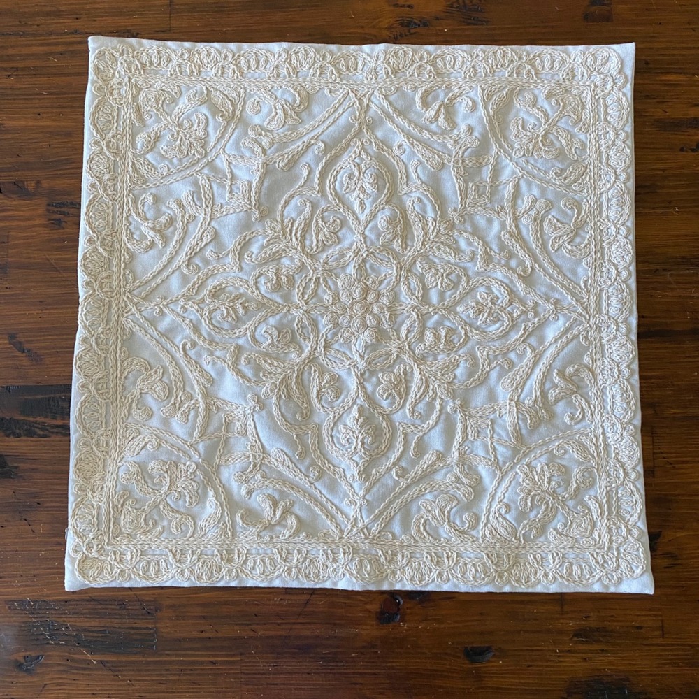 Cream Embroidered Chain Stitch Square Throw Pillow Cover 19"x19" Boho Damask